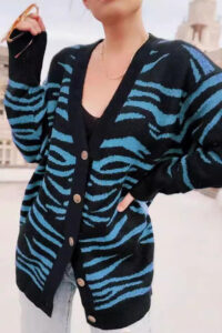 Casual Buttoned Zebra Knit Cardigan