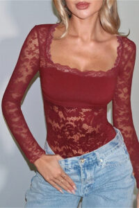 Paneled Lace Square Neck Cutout Slim Long Sleeve Tee