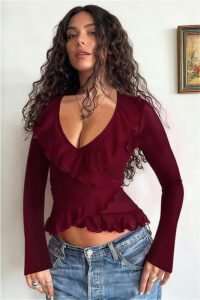 Ruffled Tie Front V Neck Cinched Asymmetric Long Sleeve Tee