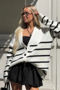 Striped V Neck Buttoned Slouchy Knit Cardigan